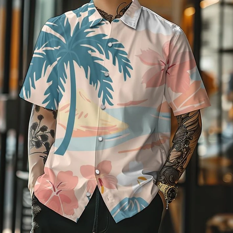 New Men\'s Shirt 3d Beach Flower Print Hawaiian Shirts For Men Summer Casual Short Sleeve Shirt Loose Oversized Male Clothing Top