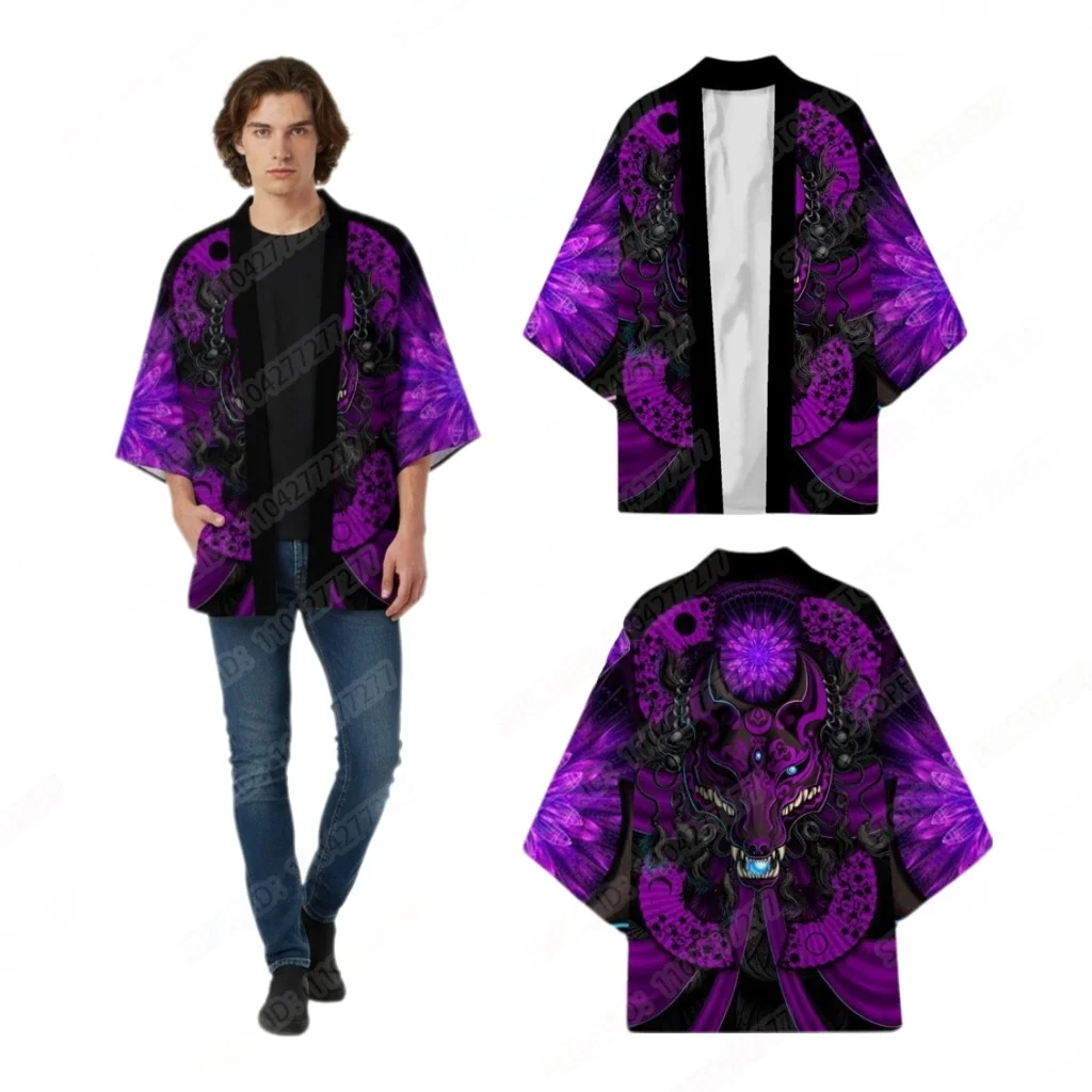 Japanischer Kimono Lila Drache Grafikdruck Cosplay Vintage Streetwear Erwachsene Traditionelle Samurai Lose Kimono Strickjacke für Männer
