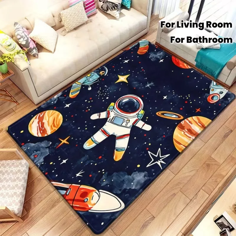 Astronaut Carpet Featuring Planets, Suitable for Kitchens, Yoga, Non-Slip Bathroom Mats, Absorbent Washable Polyester Rugs