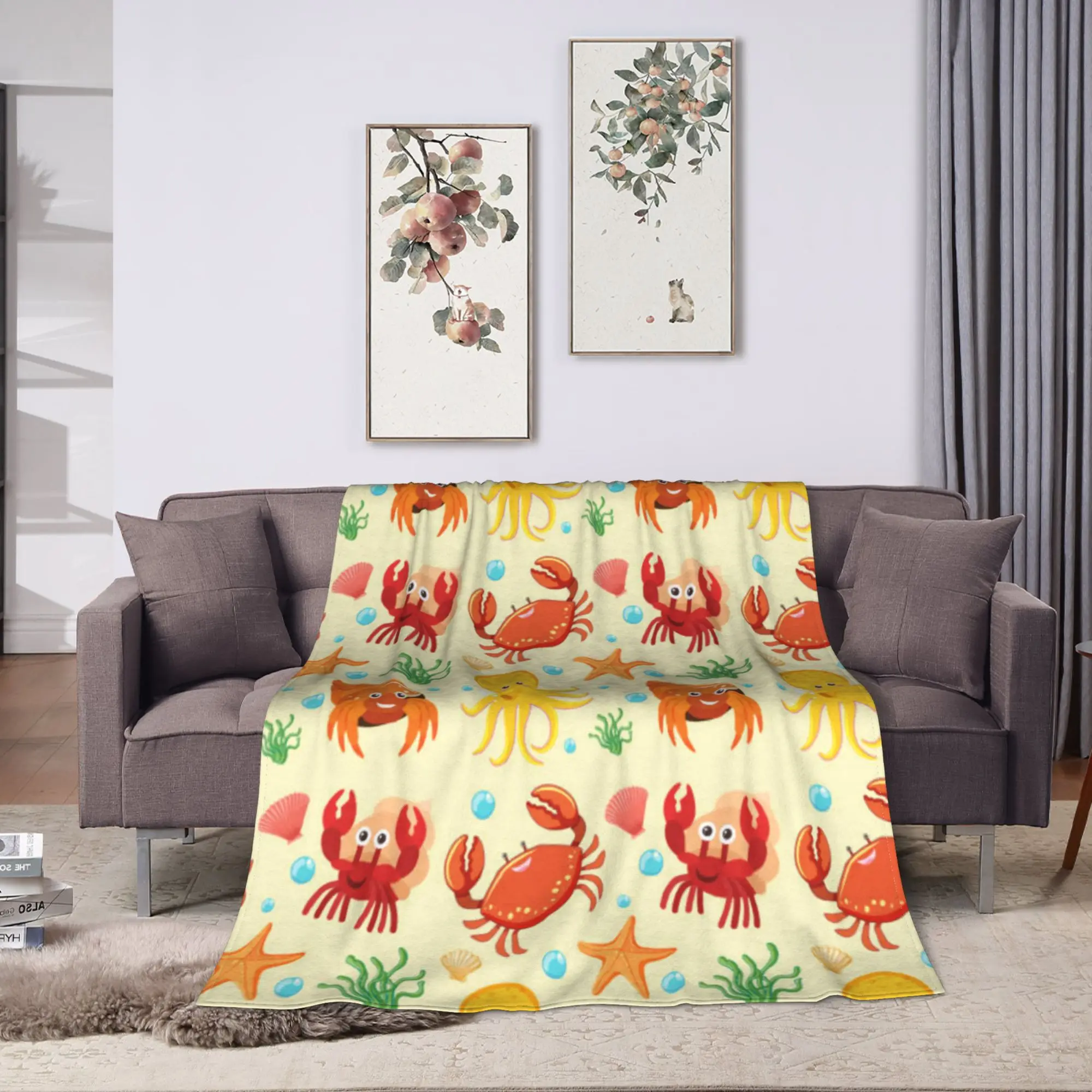 Cute Sea Creatures In A Repeating Design Plush Blanket Students  Flannel Throw Blanket For Bedroom Soft Bedspread Gift Idea