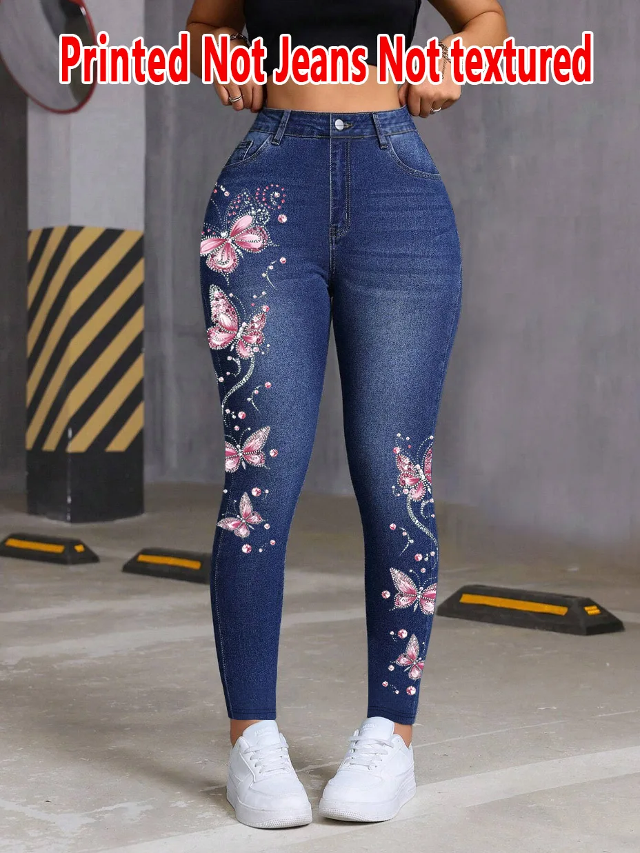 1286  Ladies Butterfly Print Shiny Rhinestone Effect Non-Leather Fabric Pants Bottoms Jeans Style Tight Pants Four Seasons Wear