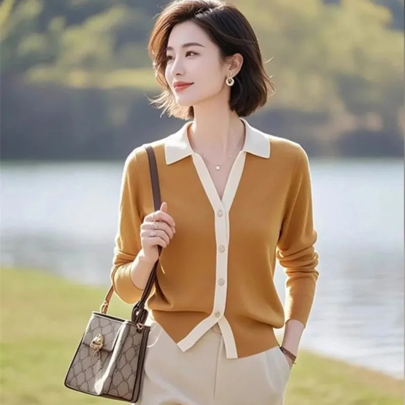 

2025 Women's Spring Autumn Knitted Coat Jacket Fashion Korean Style Contrast Color Cardigan Sweater NEW Female Knitwear Top