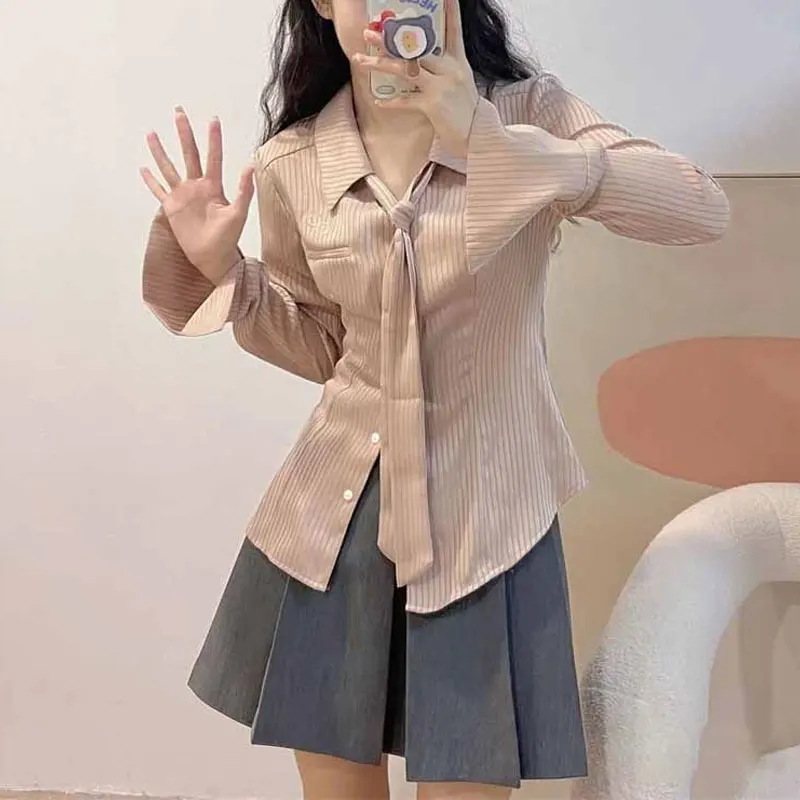 

Fashion Tie Drawstring Slim Shirts Spring Autumn Lapel Women's Clothing Striped Waist Long Sleeve Preppy Style Commute Blouse