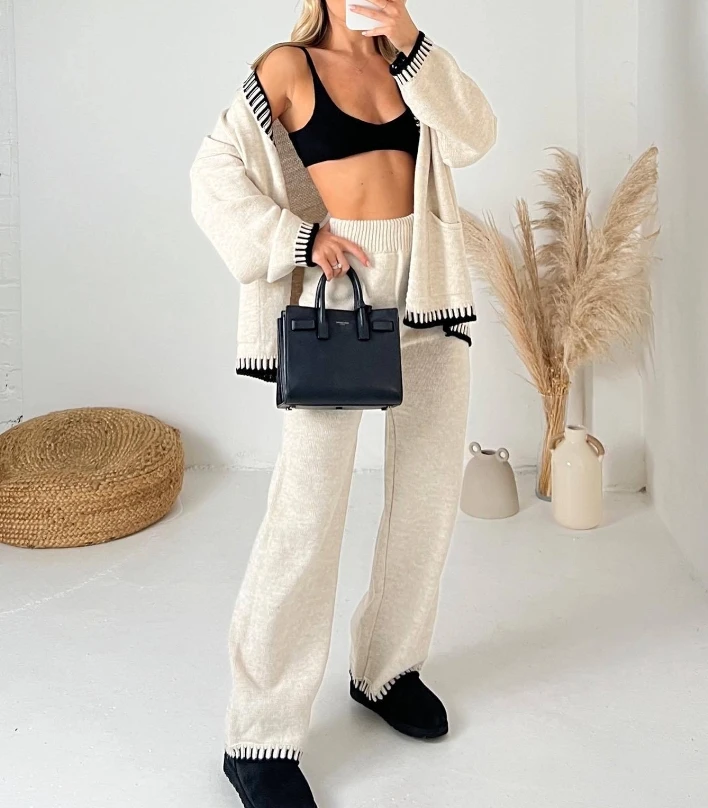 Comfortable 2 Piece Sets Women Outfit Casual Colorblock V-Neck Button Loose Pocket Pullover Straight Leg Pants Set Pajama Set