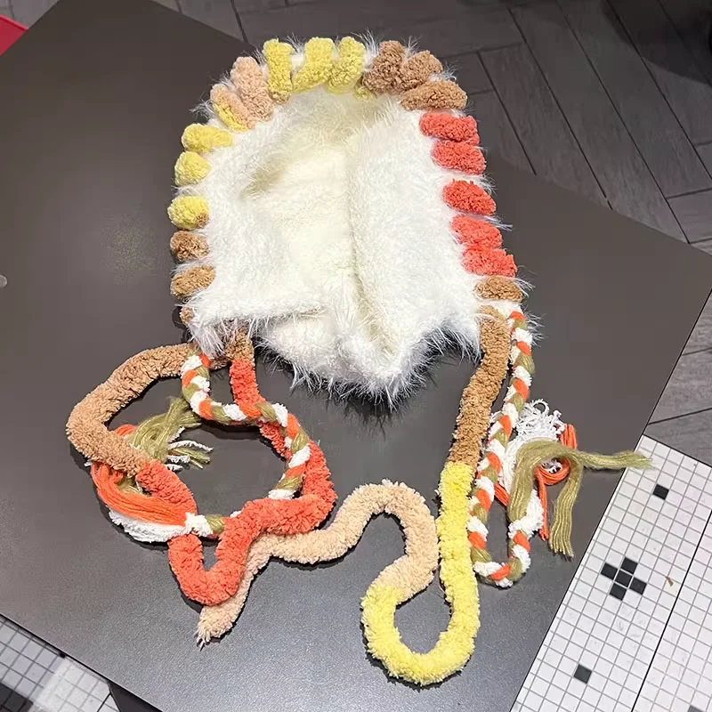 หมวกไหมพรมปี 2025 ลายสัตว์ตลกขนปุยสำหรับผู้หญิง ฤดูใบไม้ร่วง ฤดูหนาว หมวกบีนนี่ถักพร้อมสายถัก ป้องกันหู อุ่น ถักมือ