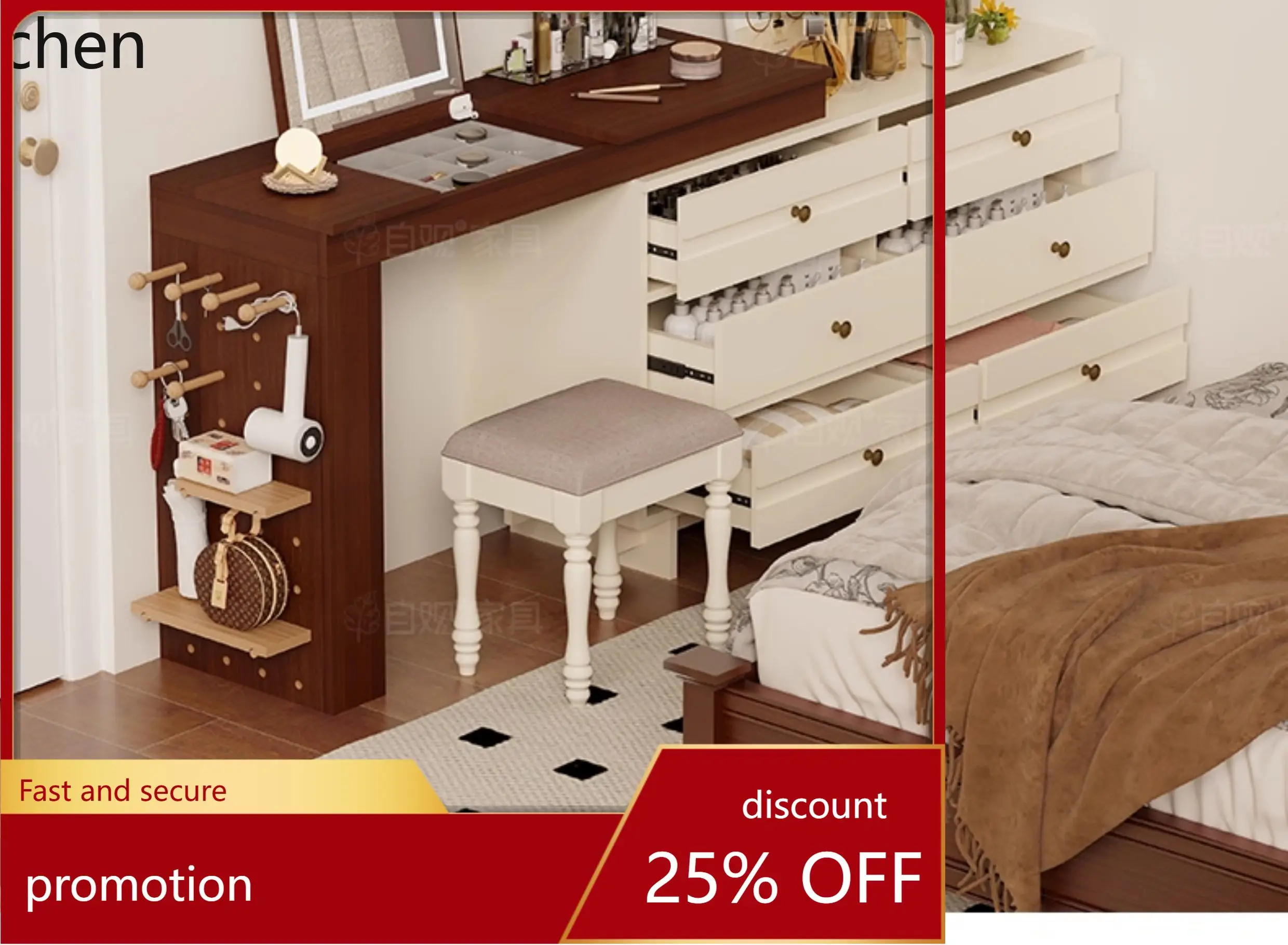 HTVintage Dressing Table with Six Drawers Extendable Combination L-Shaped Flip Top Makeup Table, Bedroom Bedside Jewelry Cabinet