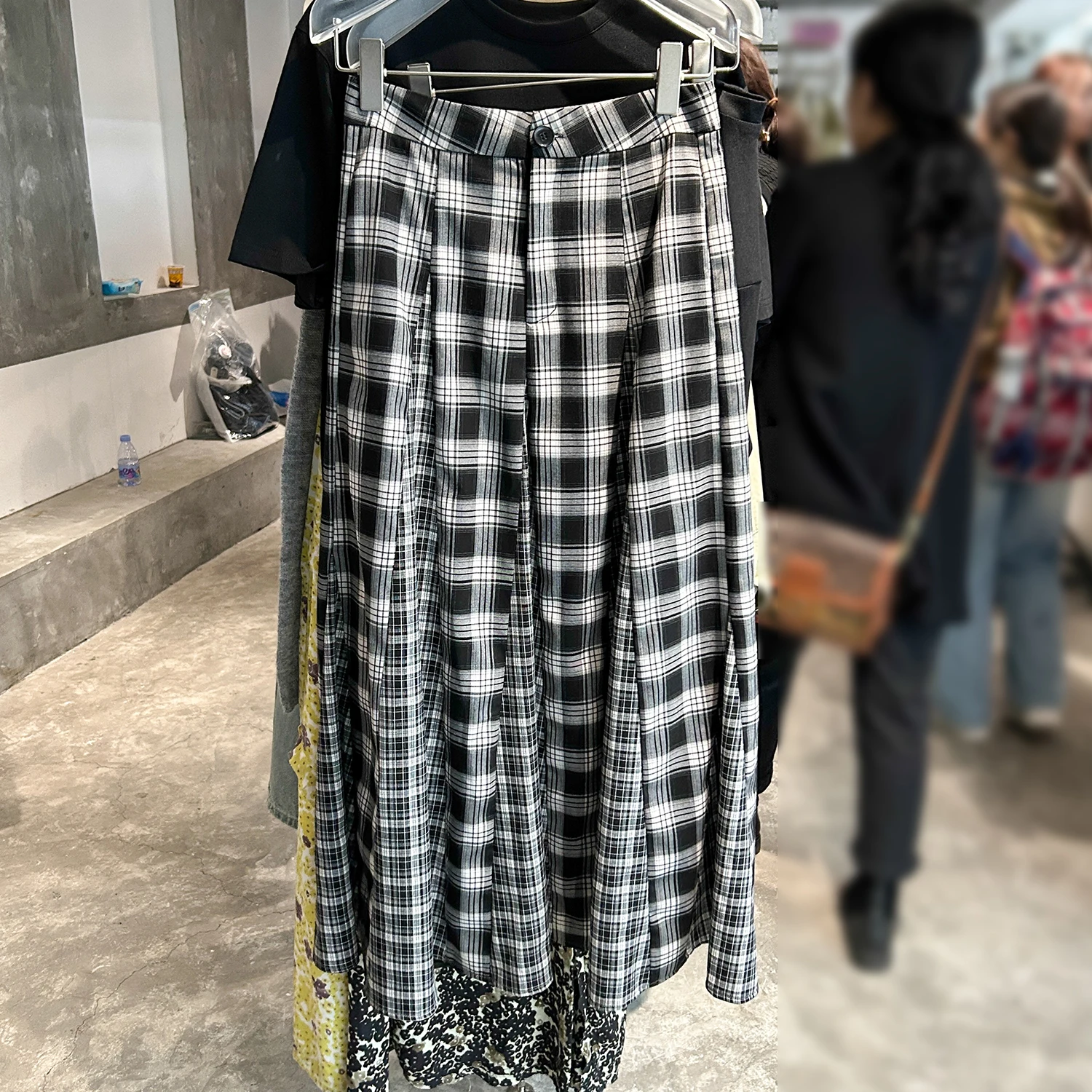 High Waist A-Line  Skirt Bla Plaid Retro Hong Kong Sle Slimming Long Skirt Autumn New Arrival Women's Faion