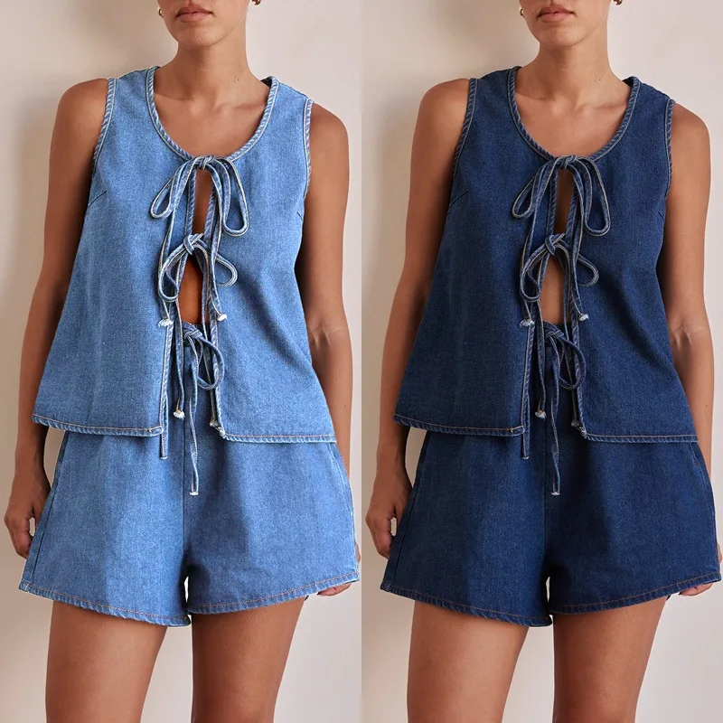 

2026 Denim 2 Piece Sets Women Short Pants Outfits Casual Sleeveless Tank Top Lace Up High Waist Shorts Suits Ensemble Streetwear