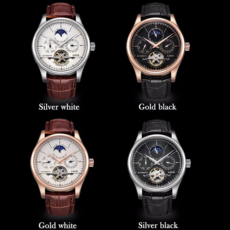 LIGE Men Watches Automatic Mechanical Watch Tourbillon Clock Genuine Leather Waterproof Watch Men Military Wristwatch Man