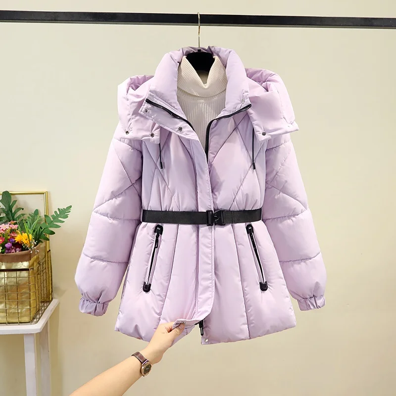 Jaket Wanita Musim Dingin Thiened Down Cotton dengan Topi yang Dapat Dilepas dan Sabuk Pinggang, Gaya Korea, Slim Fit, Panjang, Resleting