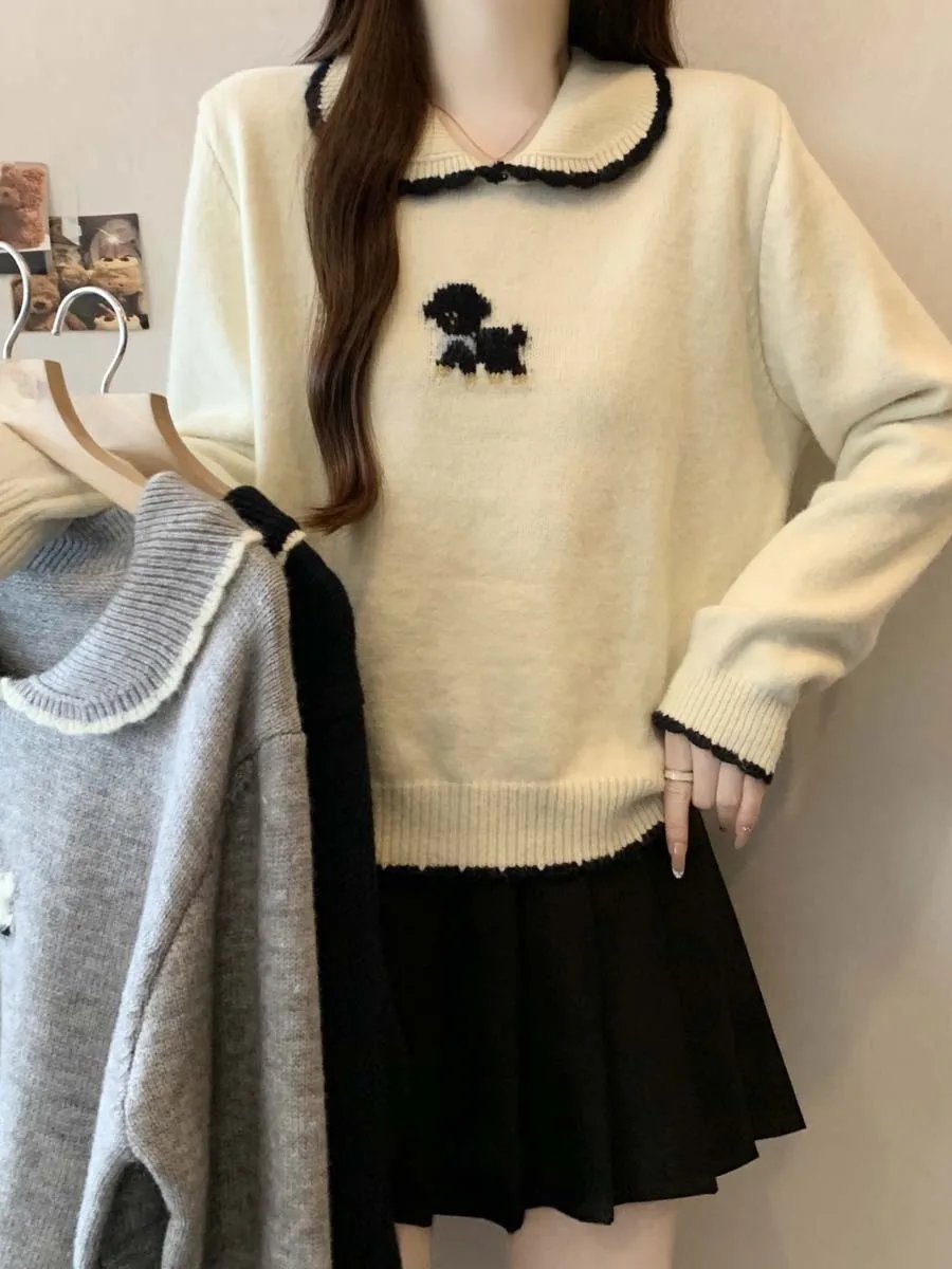 

plus Size Embroidered Long Sleeve Women's Knitwear Autumn Winter New Style Slimming Versatile Design Color Block Top
