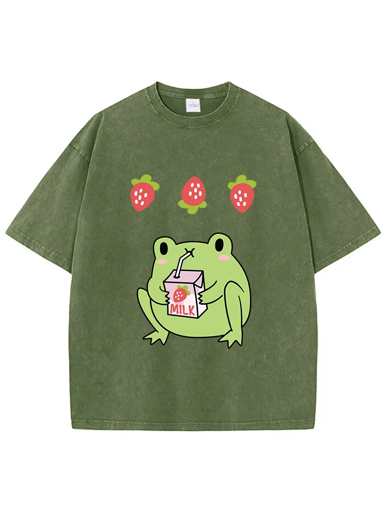 Frog Drinking Strawberry Flavored Milk Print Men Washed Clothing Summer Cotton T-Shirt Street Fashion Tops O-Neck Cute Clothes