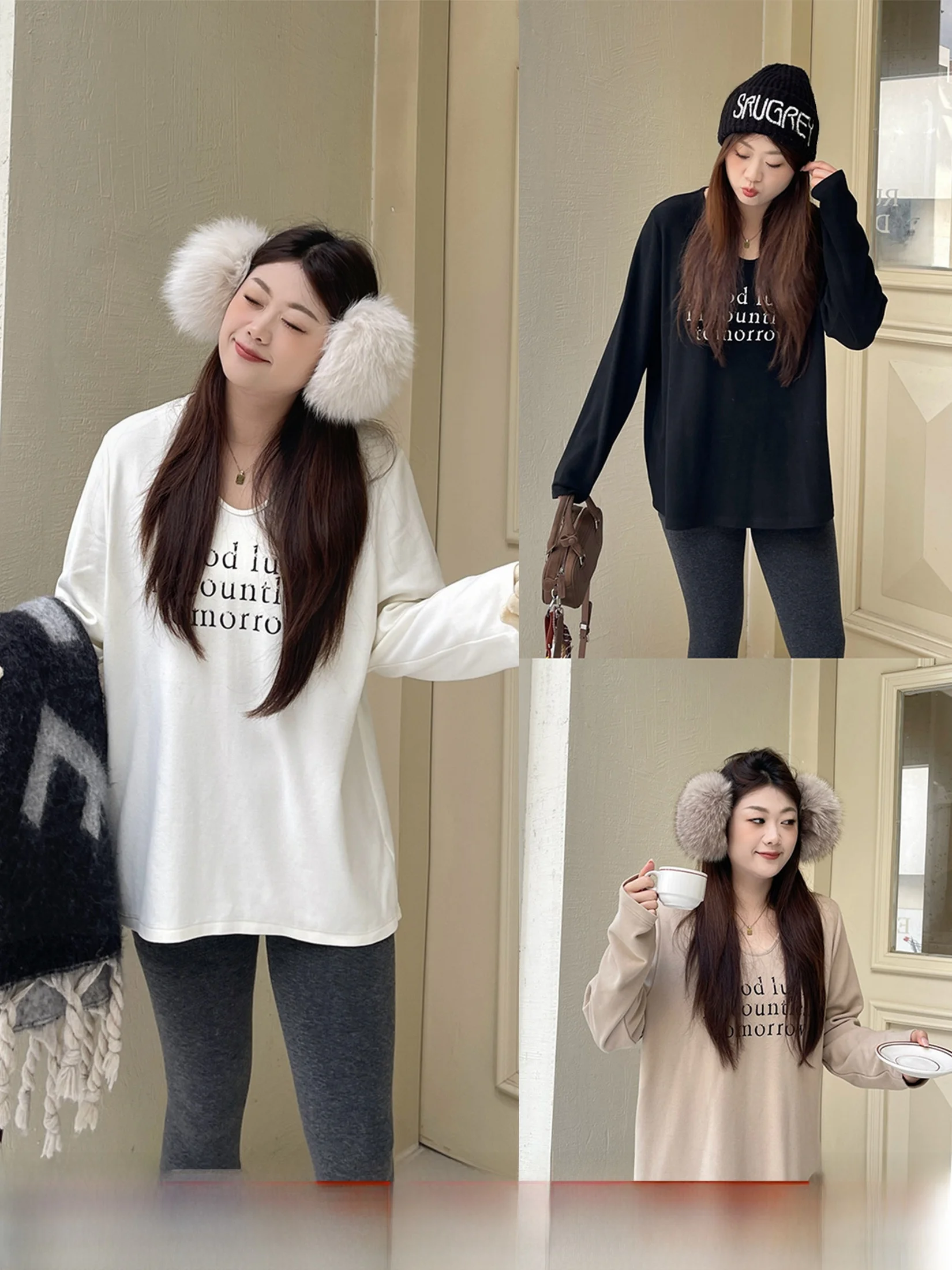 

Loose Knitted Fce Women's T-irt White Print Casual Sle plus Size Slimming Winter Top Comfortable Fit round Ne Long S...