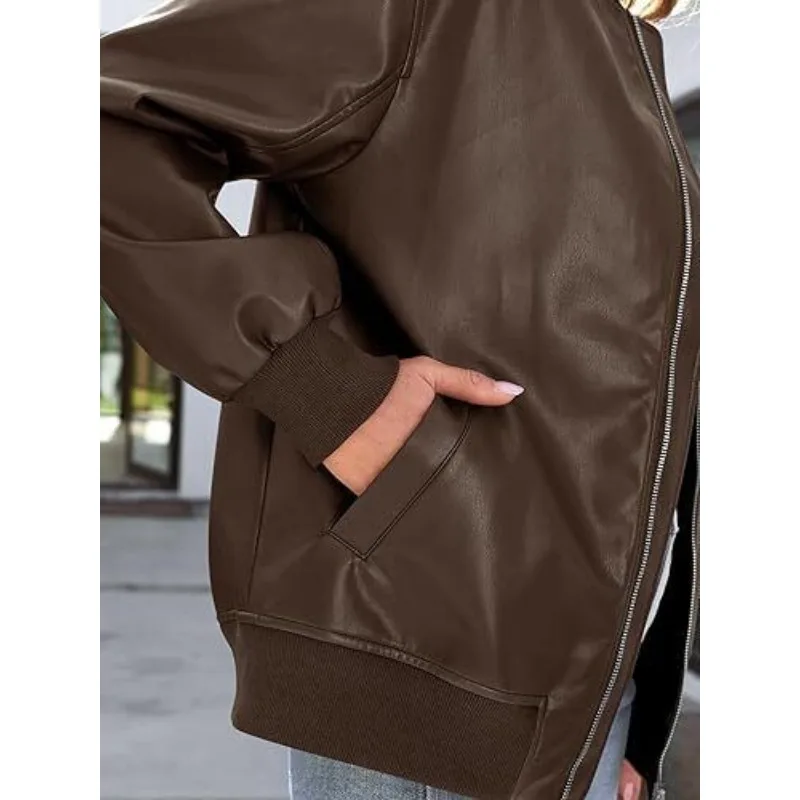 Winter Outdoor Brown Leather Jacket Women's 100% Authentic Lambskin Bomber Style