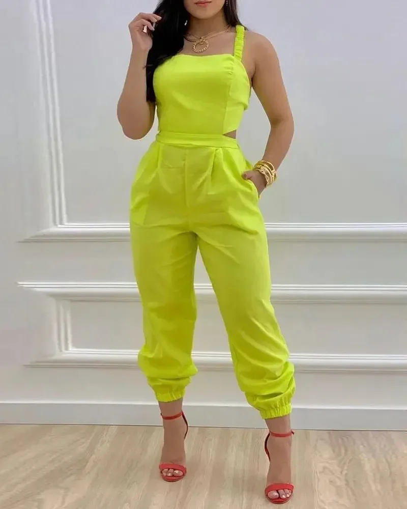 Women Printed Letter Jumpsuits Sleeveless V Neck Suspenders Backless High Waist Trousers Overall Rompers Pockets Autumn