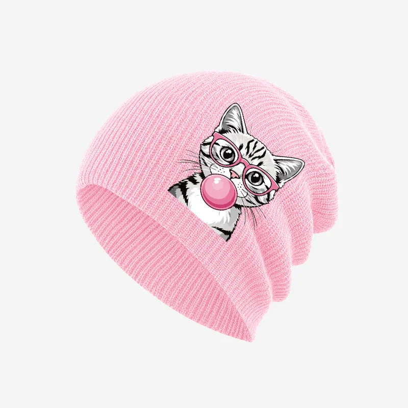 Bubble Gum Blowing Cat Print Soft Kids Knit Cold Hat 1-3Y Toddler Fashion Beanie for Daily Outing & Children Theme Party view 5