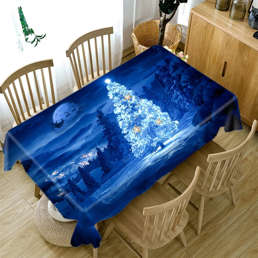 Santa Rectangle Dining Table Tablecloth Blue Christmas Eve New Year\'s Tablecloth Home Party Antifouling Decorative Accessories