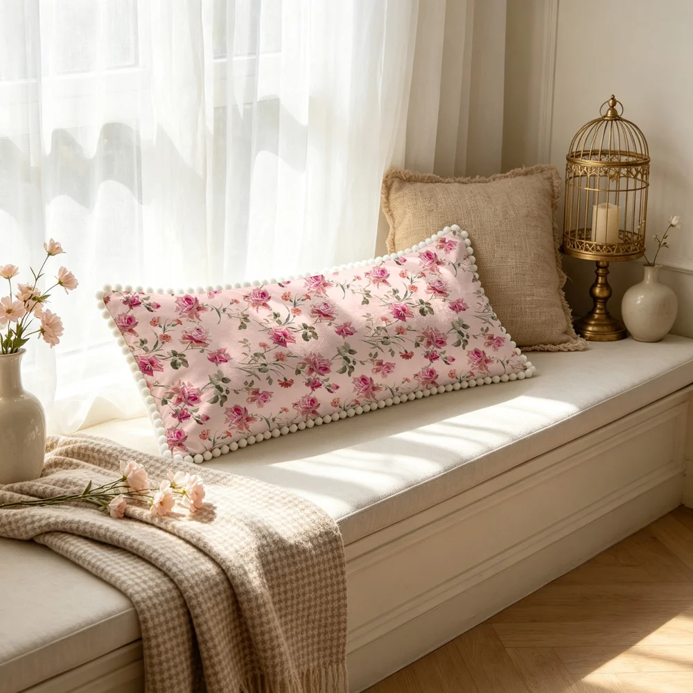 1PC Pink Background with Pink Large Roses and Green Leaves, Sweet Romantic Monochrome Floral Long Pillow Cover with Pom Pom Tr