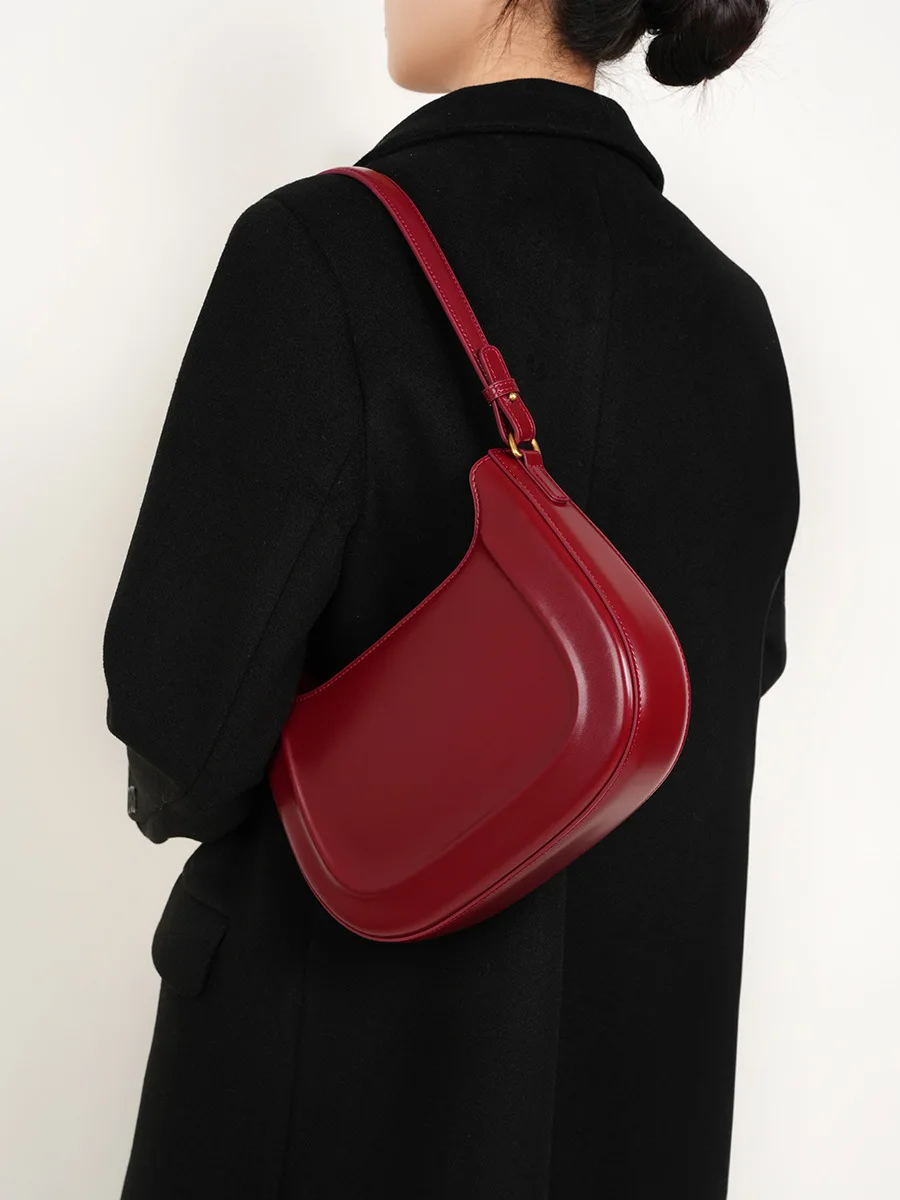 Genuine leather red shoulder bag woman minimalist crossbody bag cowhide handbags female luxury bag armpit bag saddle bag