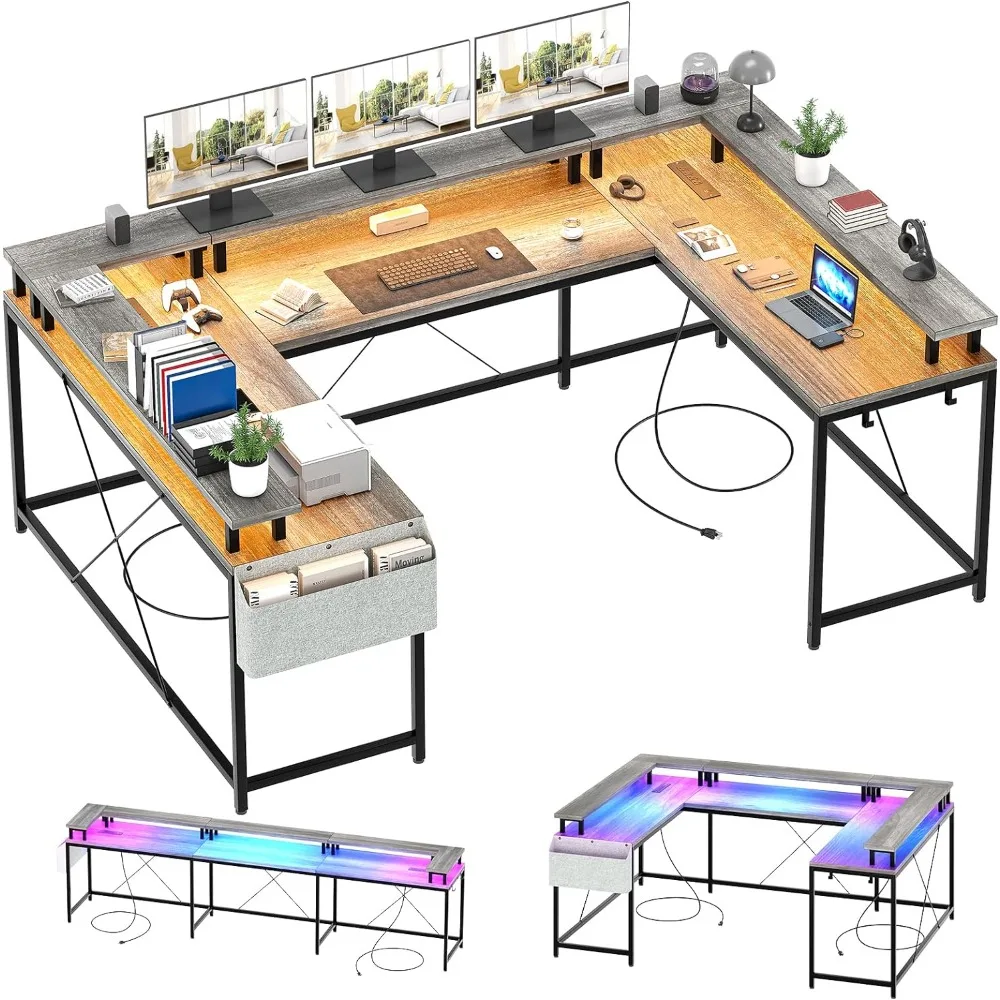 Gaming Desk, Reversible L Shaped Desk with Power Outlets, LED Strip & Monitor Stand, Large Corner Desk with Storage Shelves