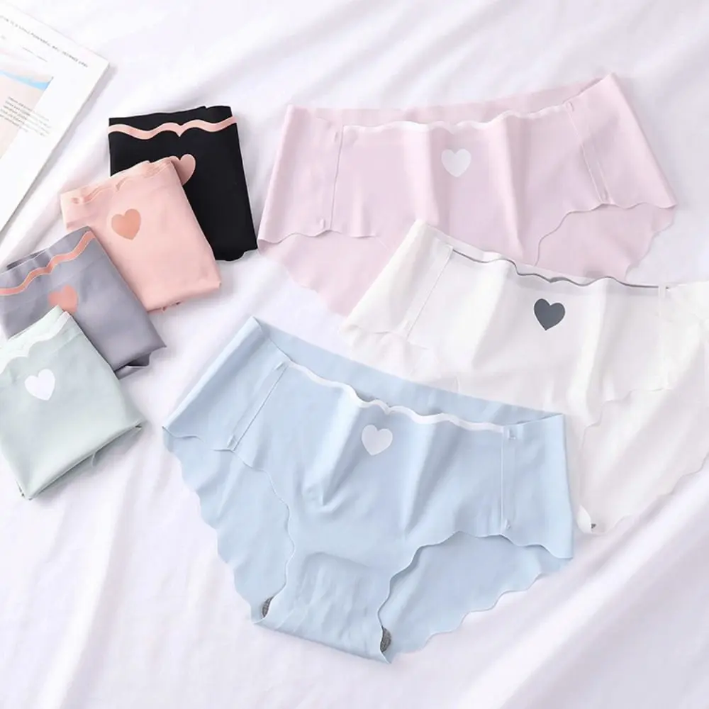 

6PCS Mid Waist Ice Silk Briefs Cotton Crotch Love Pattern Ultra-thin Panties Underpants Underwear Seamless Briefs Women Girls