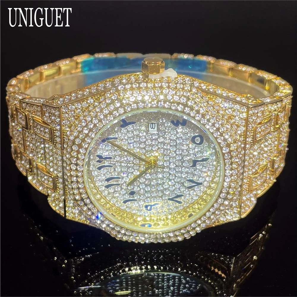 Hot Sell Luxury Iced Watch For Men Fashion Brand UNIGUET Waterproof Gold Quartz Watch Man Hip Hop Full Diamond Bling Wristwatch