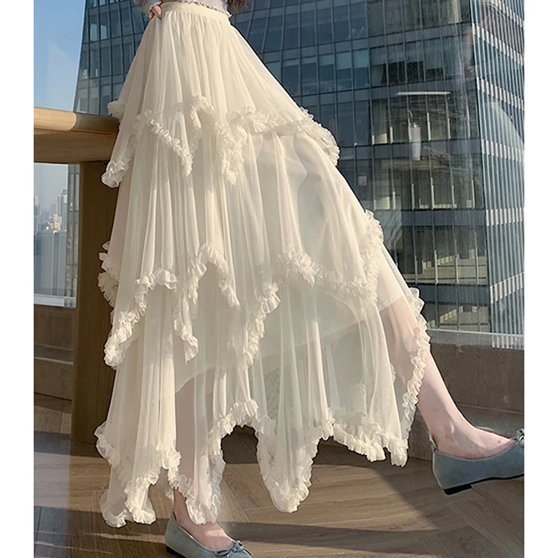 French Style Lace Layered Sweet Midi Skirt Women Summer High Waisted Mesh See Through Elegant Skirt White Tiered Pleated Skirts