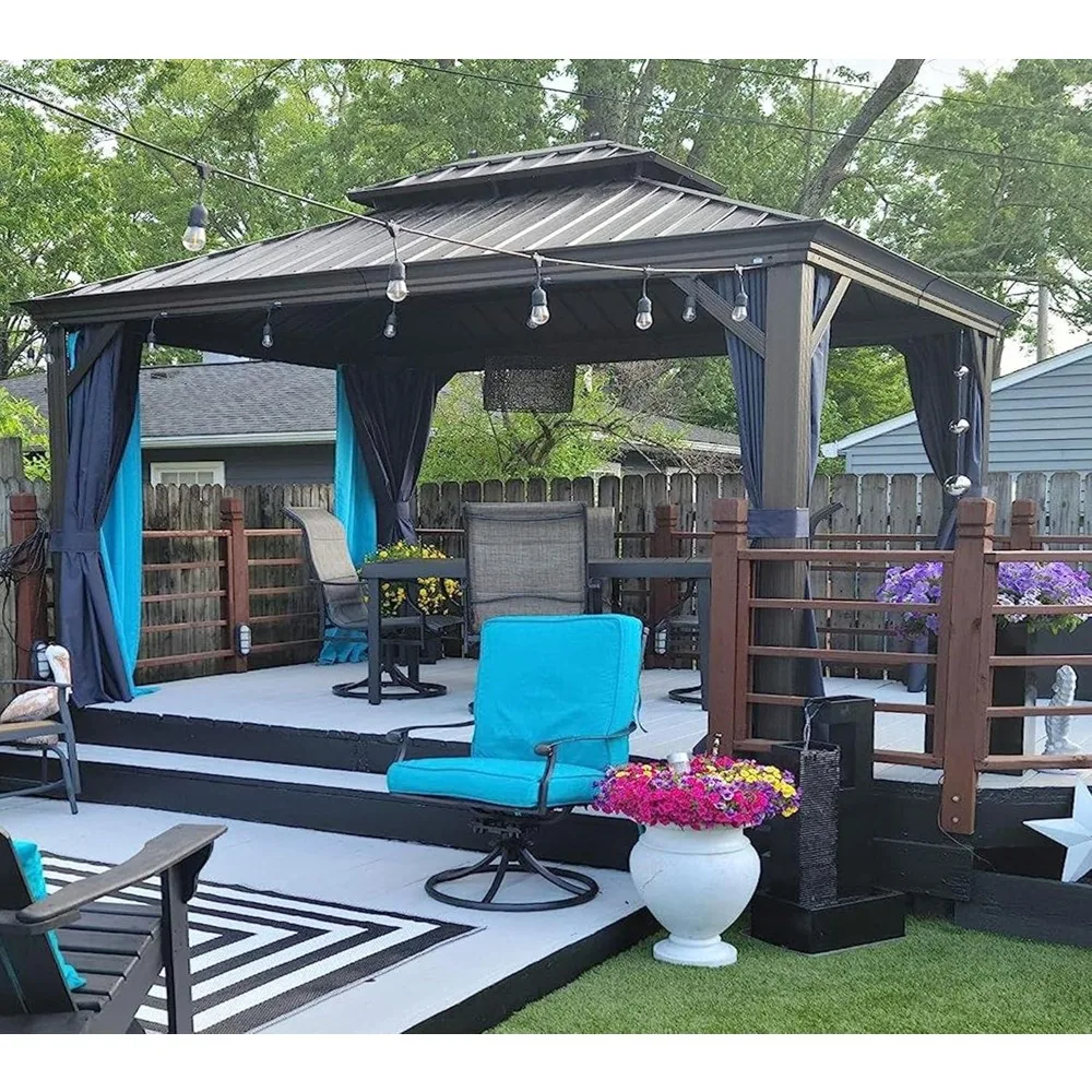 gazebo. Hardtop Gazebo 10' X 13' Galvanized Steel Roof with Netting and Curtains Backyard Deck Garden Canopy Aluminum Frame