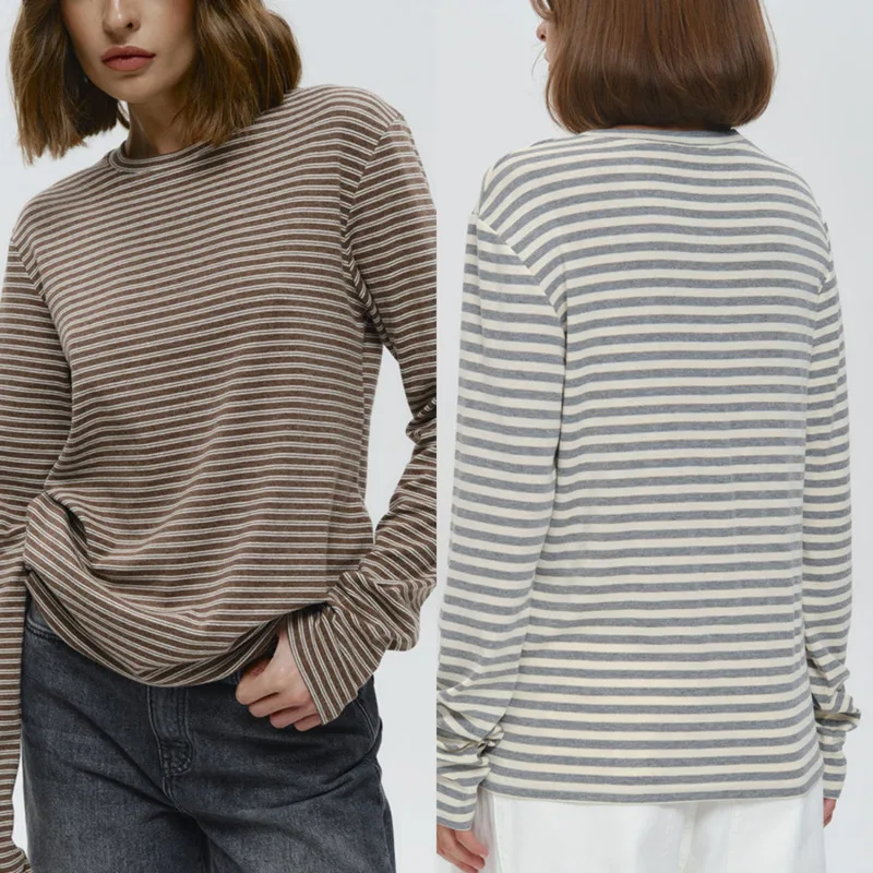 

Women’s Striped Long Sleeve T-Shirt Casual Loose Fit Round Neck Tee Streetwear Style Homewear Top For Spring Autumn Fashion Look