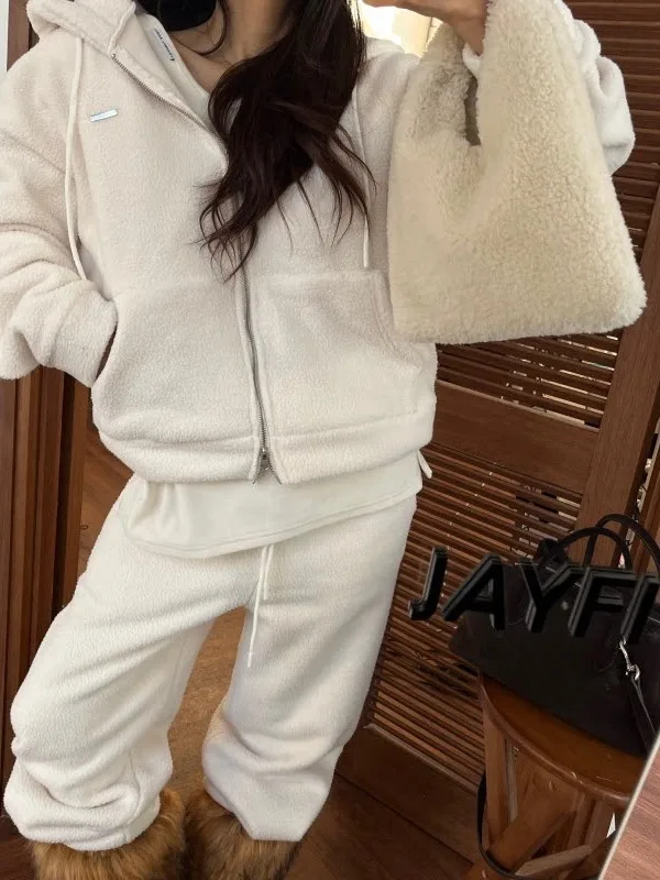 Korean Style Thickened Hooded Fleece Jacket Pants Two-Piece Set Casual Outerwear for Women Spring Autumn Winter Street Style