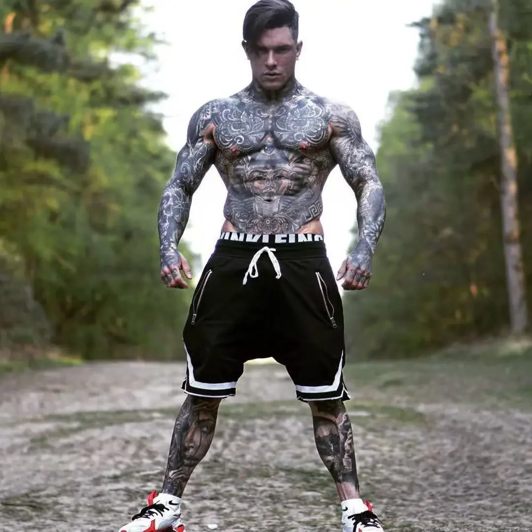 Quick drying sports shorts with zippered pockets for men summer striped edge running shorts gym training and fitness hiking shor