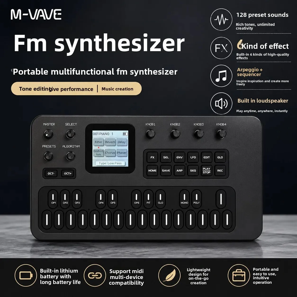 M-VAVE FM-1 FM Synthesizer Built-in Speaker Rechargeable Battery 128 Presets Handheld Portable Sound Source Music Keyboard gifts