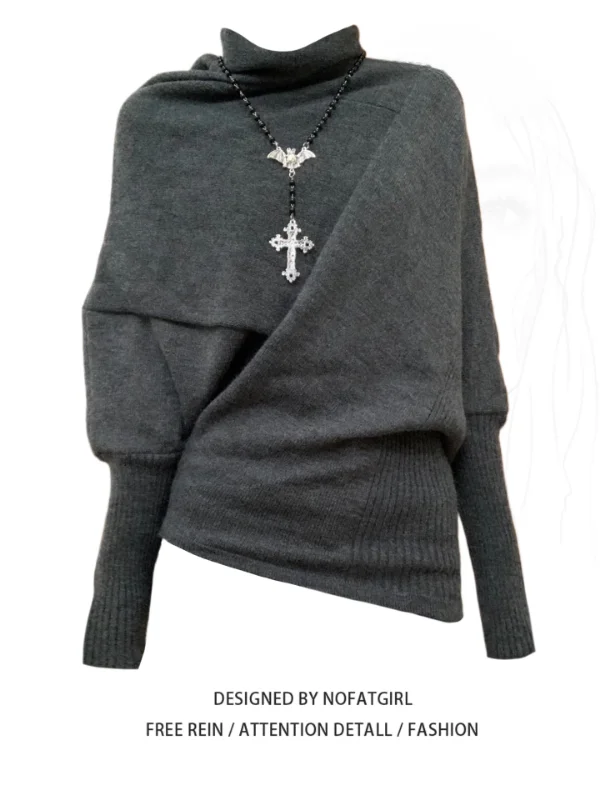 

plus Size Women's Lazy Sle High Collar Batwing Sve Knitwear Autumn Winter Irregular Loose Fit Color Long Sve Top