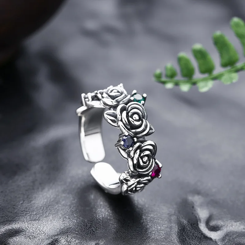 Manufacturer wholesale 925 sterling silver ring women's thorns rose open ring thai silver retro flower index finger ring