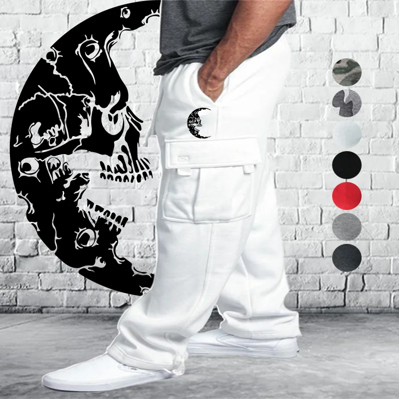 

Men's Casual Moon Skull Print Sweatpants Multi-Pocket Work Pants Jogging Pants Fashion Running Pants Loose Long Tactical Pants