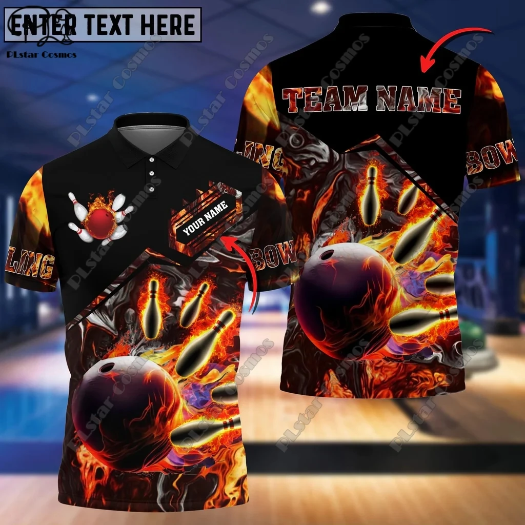 Rock volcanique Bowling Pin ligne motif de flamme nom personnalisé 3D POLO été T-Shirt unisexe cadeau Sports d'intérieur Collection