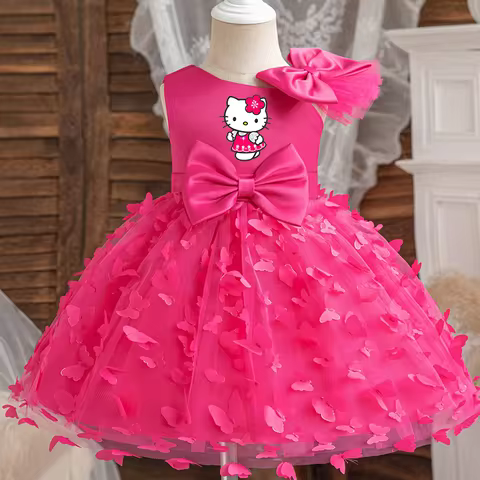 Hello Kitty Girl Princess Dress Kid Clothes Party Birthday Outfits Evening Party Tulle Dress Wedding Wear Summer Bowknot Dress