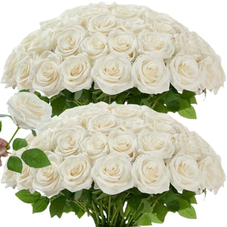 

120 Pcs White Rose Artificial Flowers Bulk, Ivory Silk Fake Roses with Long Stem for Wedding Decoration, Bridal Bouquets, DIY F