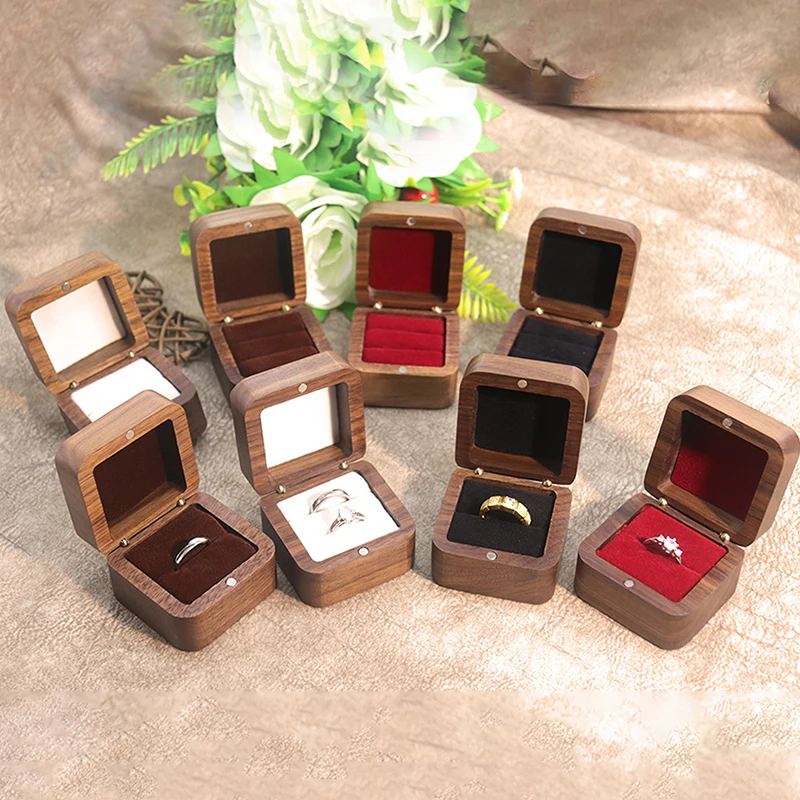 Walnut Solid Wood Wedding Ring Box Small Jewelry Storage Table Top For Marriage Diamond Ring Jewelry Box