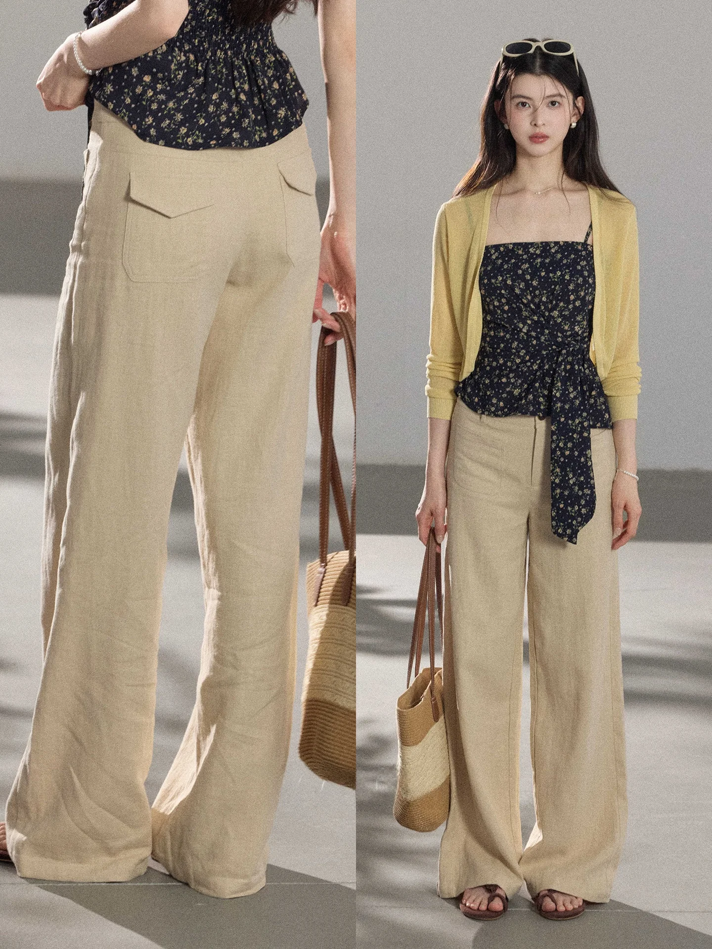 

Elegant High-Waist Wide-Leg Pants Women's Skin-Friendly Linen Cotton Long Trousers Retro Texture Design Comfortable Commute S...