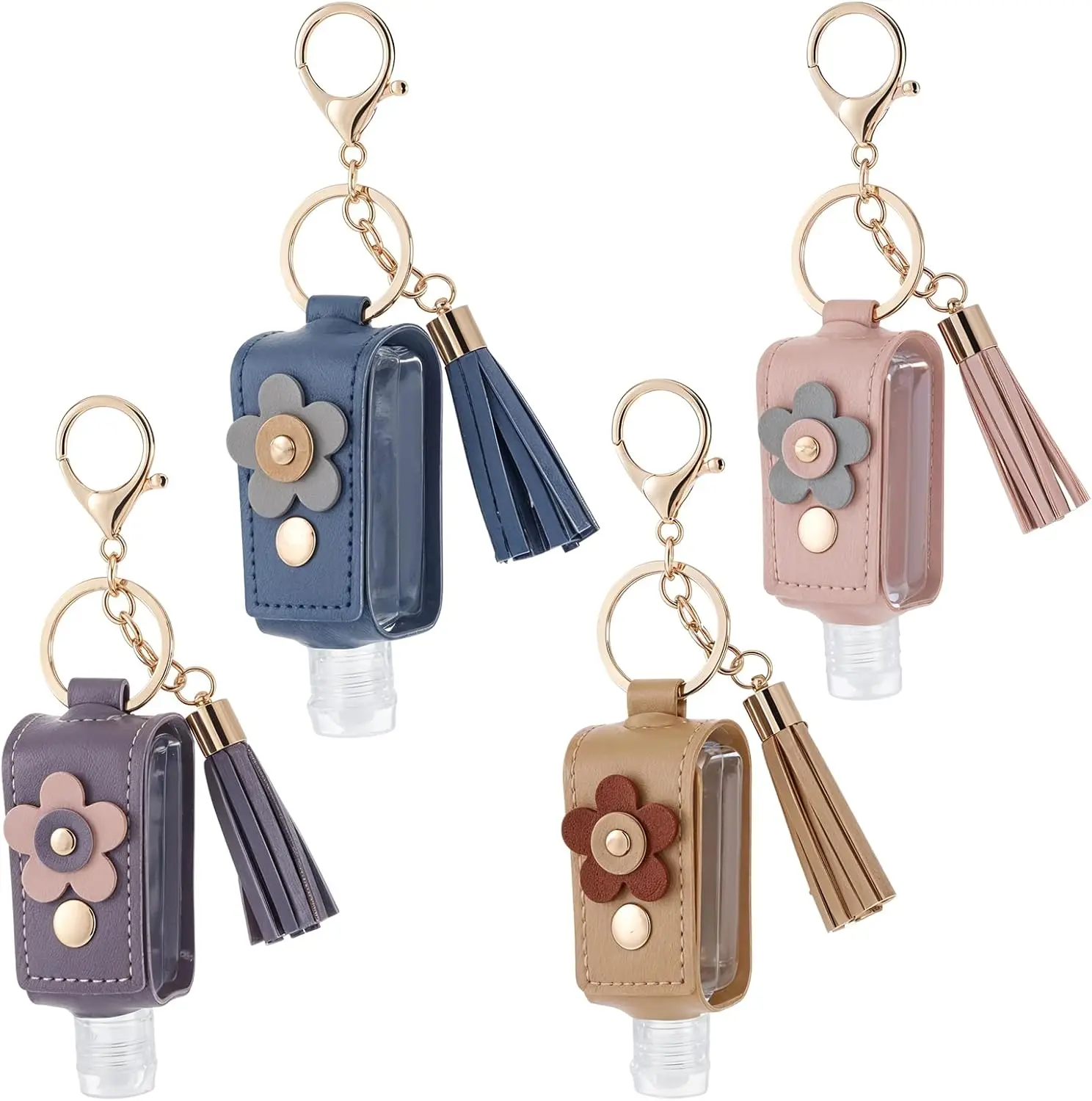 

4Pcs Portable Empty Bottle Keychain, 1oz/30ml PU Leather Handwashing Fluid Holder, Refillable Plastic Bottles Travel Holder for