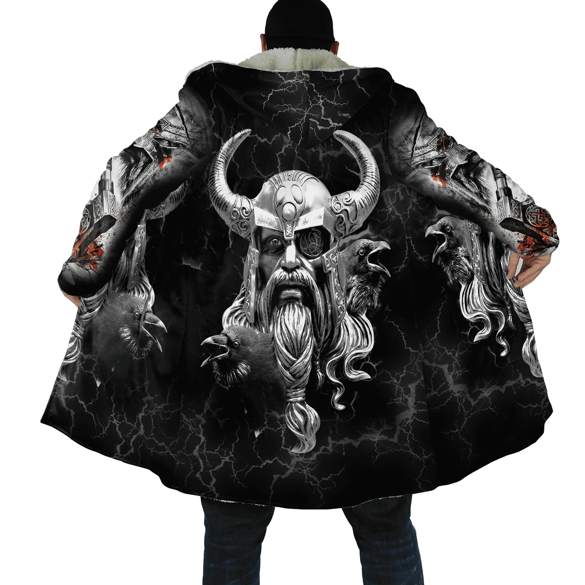 Moda inverno Mens manto Norse Odin Raven Tatuagem 3D Impresso Grosso Velo Casaco Com Capuz Unisex Casual Quente Capa casaco DP23