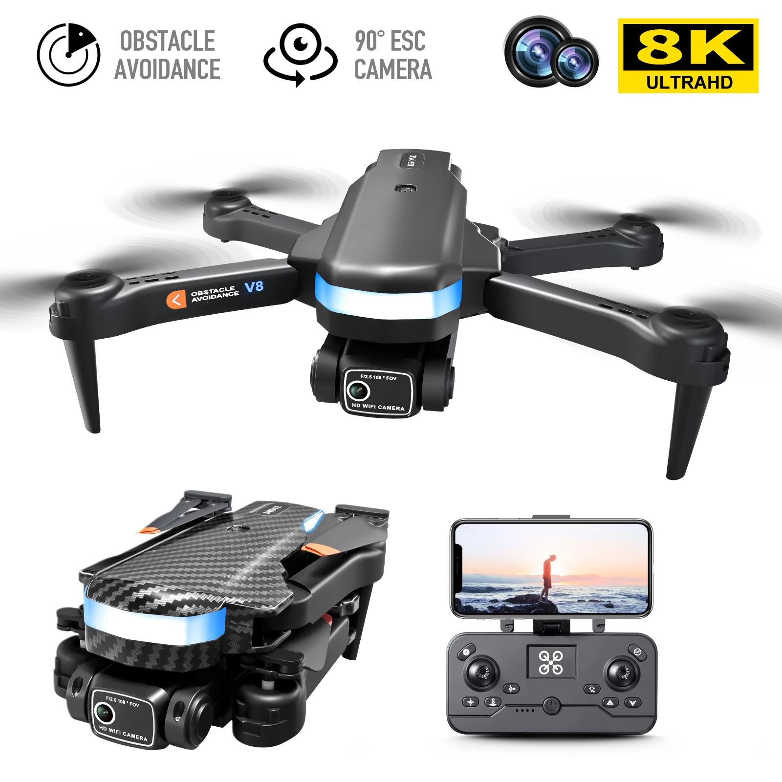 

New V8 8K Optical Flow Drone 2 Camera Intelligent Obstacle Avoidance RC 5000m Adjustable Height Aerial Photography Quadcopter