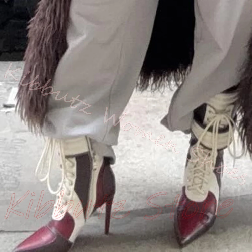 Denim Patchwork Ankle Boots Patchwork Women Pointed Toe Stiletto Heel Front Lace Up Side Zipper Street Chic Fashion Footwear New