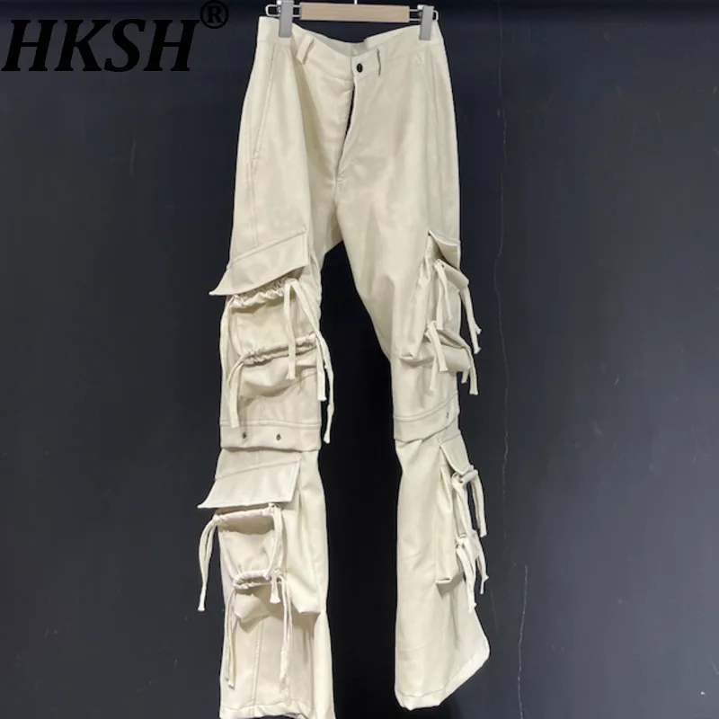 

HKSH Spring Autumn New Men's Tide PU Leather Straight Ribbon Patchwork Pockets Safari Style High Street Trend Punk Pants HK14250