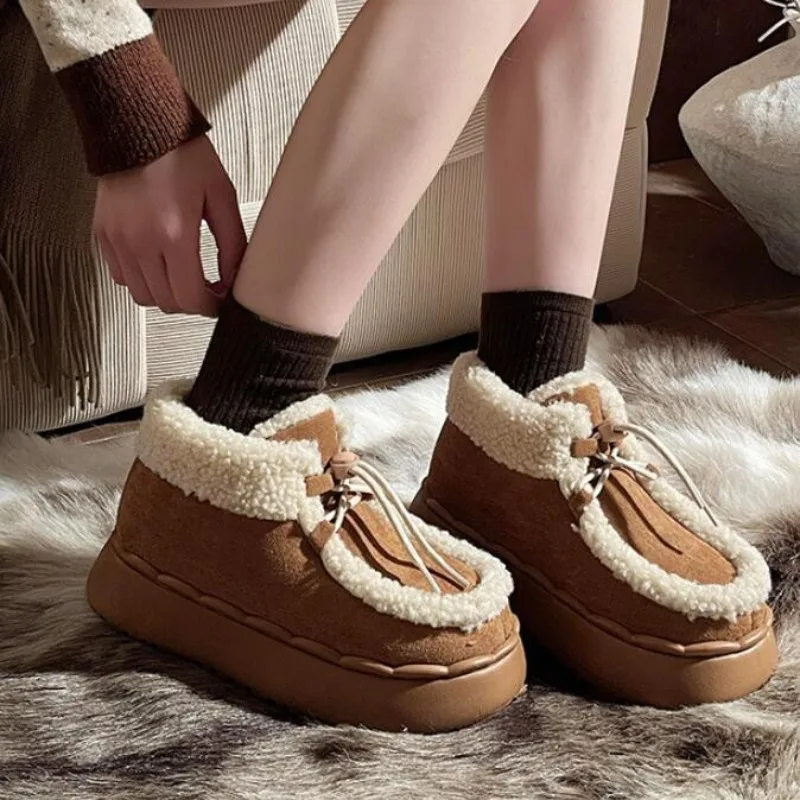 Faux Fur Winter Women Snow Boots Retro Versatile Thick Soled EVA Anti Slip Lace Up Warm Plush Platform Cotton Shoes for Female