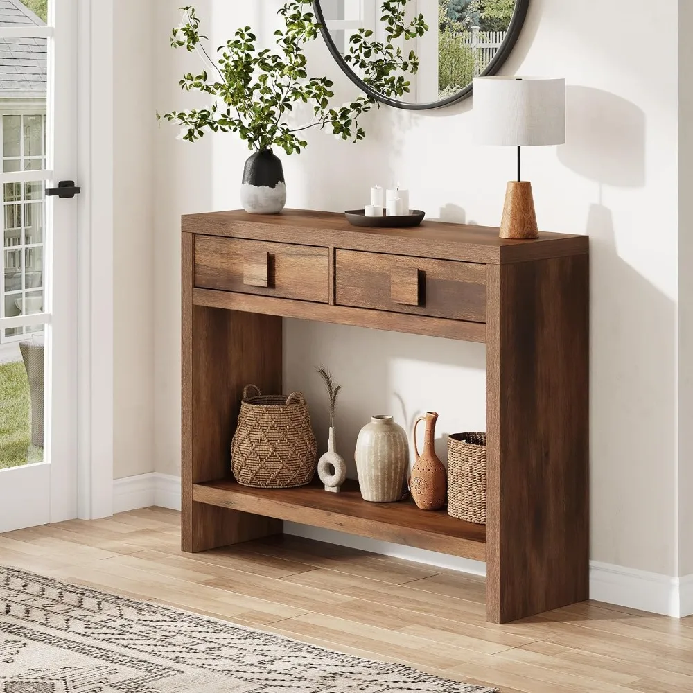 40" Narrow Mid Century Modern Wooden Console Table, Entryway Hallway Table with Drawers & Open Storage Shelves, Custom