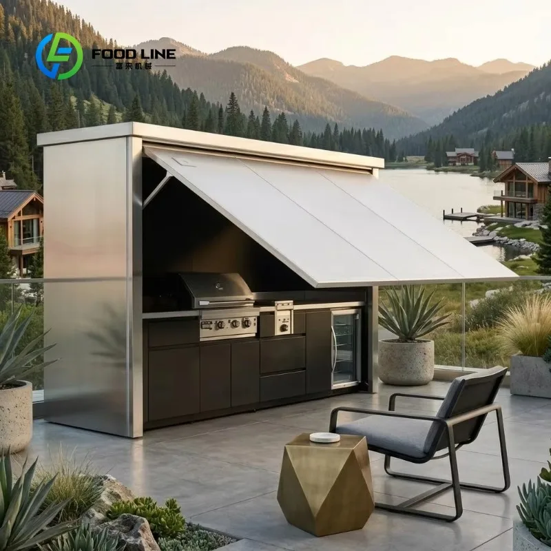 Customized 2026 Outdoor Kitchen BBQ Grill Pod Multi Functional Stainless Steel Remote Control Outdoor Kitchen Shed with Fridge