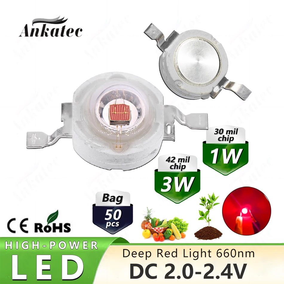 PCS of 50 1W / 3W Watt High Power LED SMD Diode Deep Red 660nm Lamp Beads COB 2.0-2.4V for Plant Growth Physiotherapy Lamp DIY