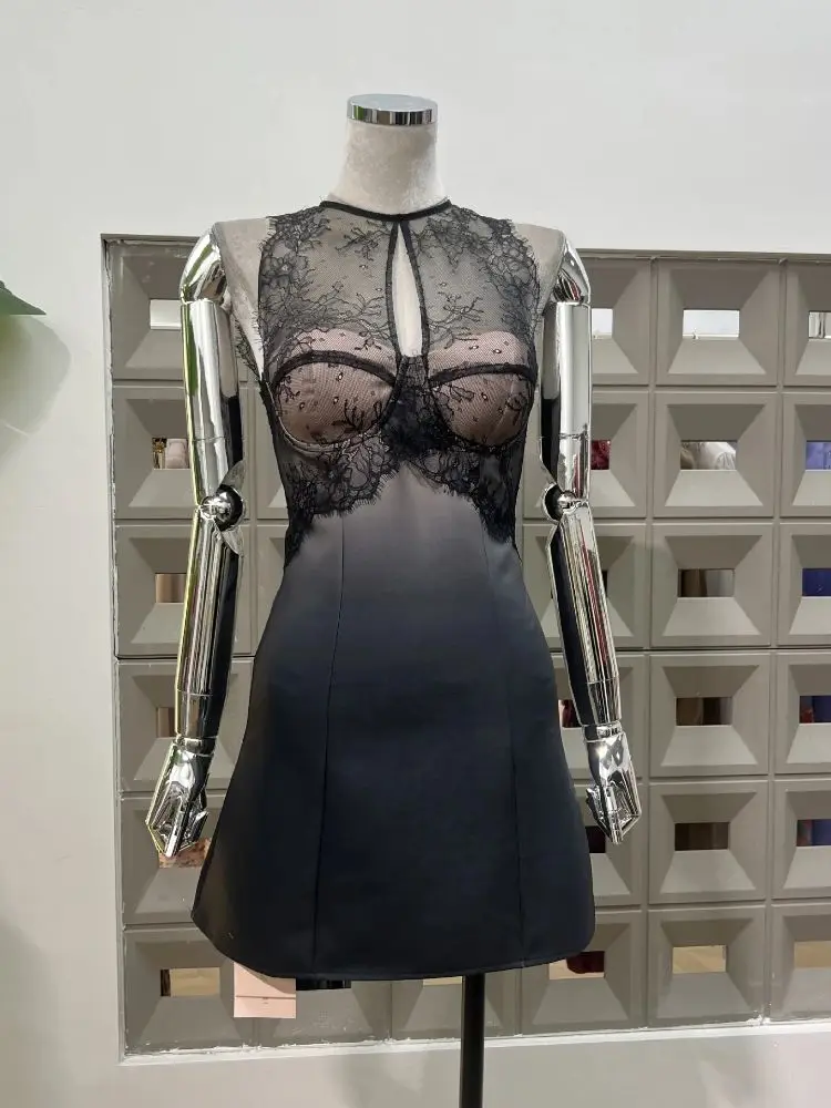 

Sexy Sleeveless Lace Patchwok Mini Dress Women Luxury O Neck See Through Birthday Cocktail Party Dresses High Quality Vestido